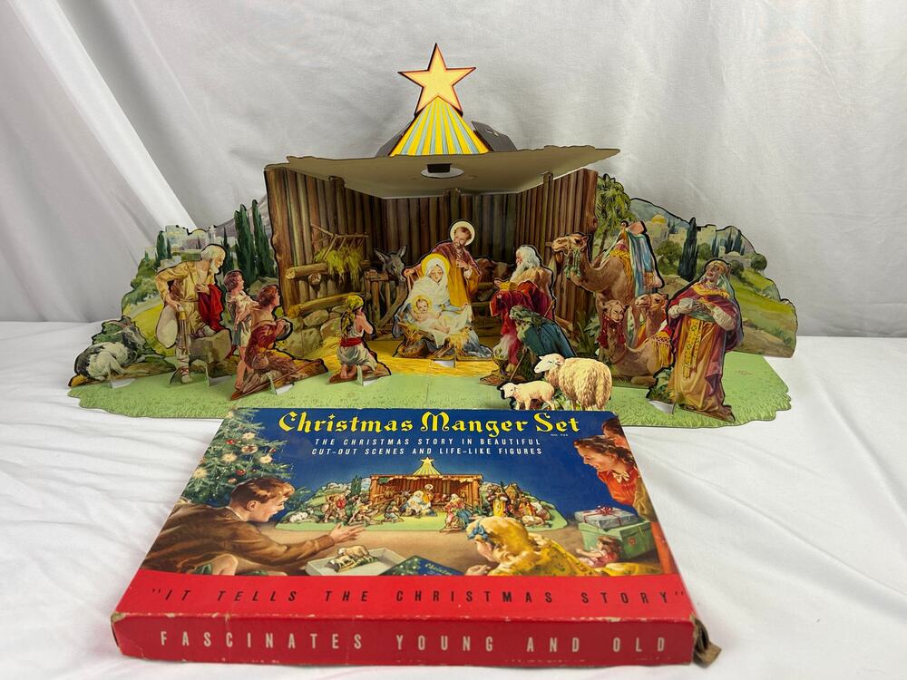 Vintage 1950s Christmas Manger Set No 743 Cardboard Nativity Complete Box